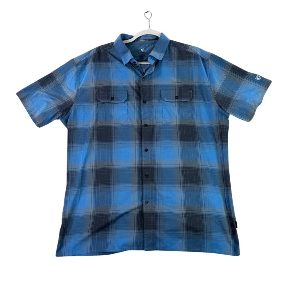 KUHL Response Shirt Mens XL Blue Plaid Short Sleeve Button Up Hiking 7452